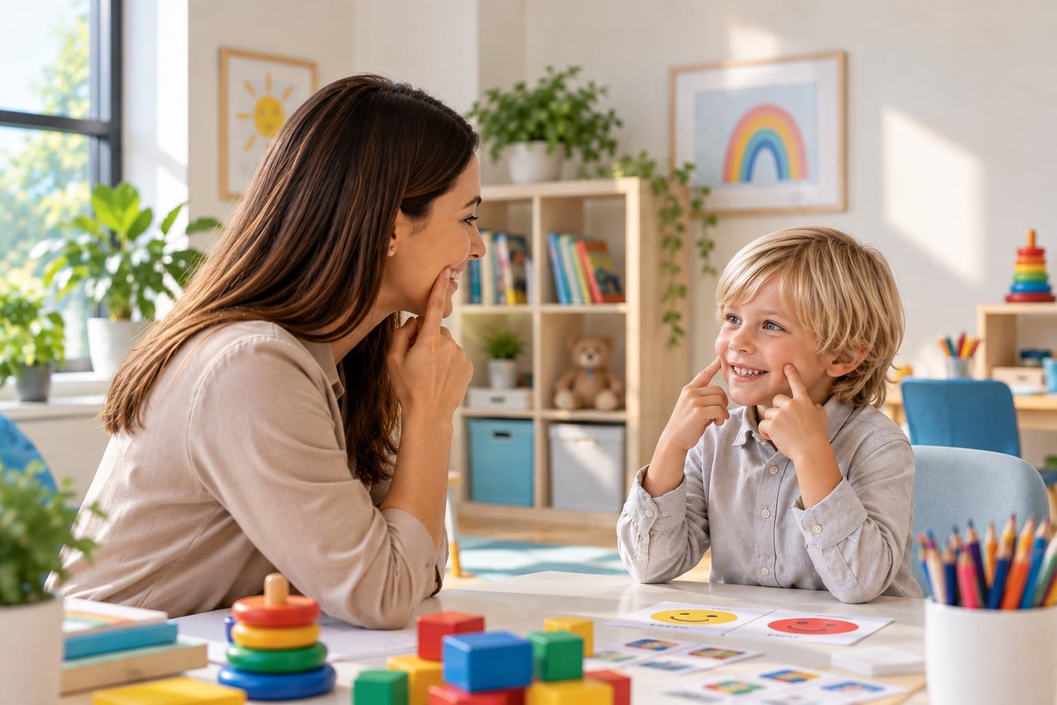 A therapist and a young boy sitting across a table from each other, both pointing to their own smiles